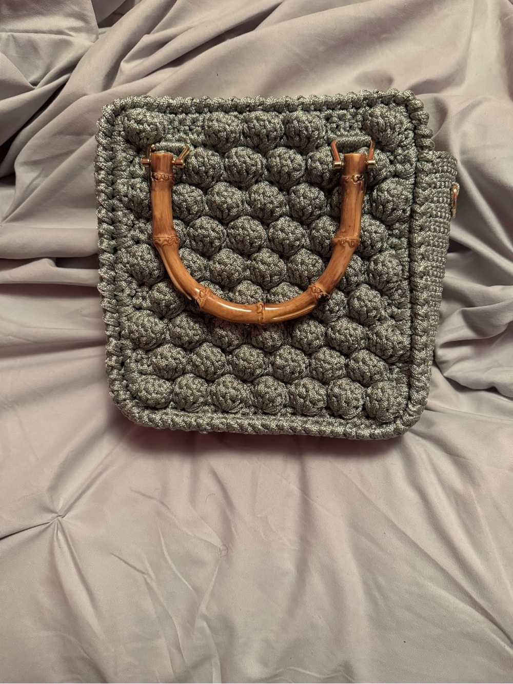 Handmade Sage Green Crochet Tote Bag with Bamboo Handles